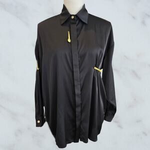 Sara Mone, classy women's black gold pin lion head button-up blouse size small.